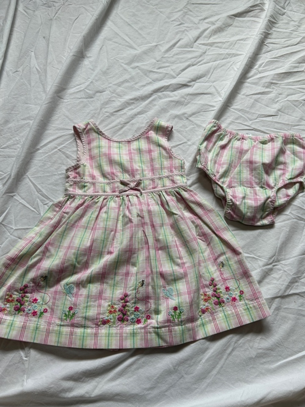 Gap Infant 18-24 M Pink & Green Plaid Baby Dress with Bloom Embroidery